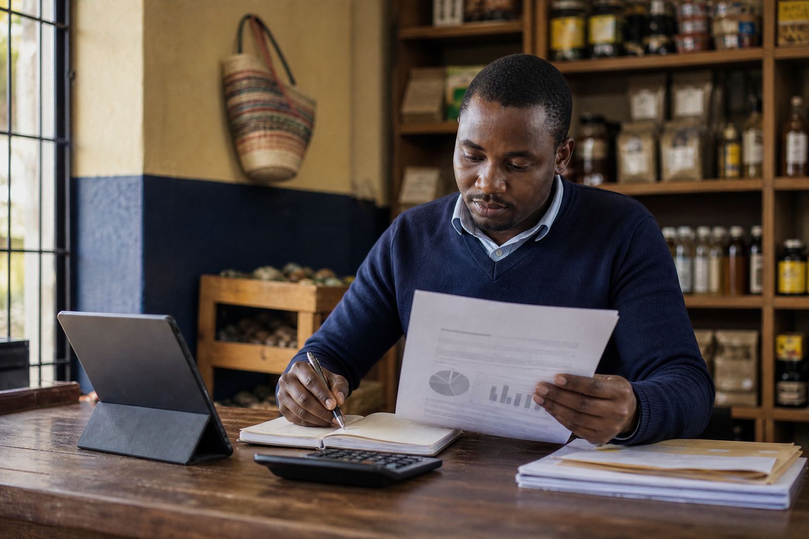 Small-business owner reviewing a business plan